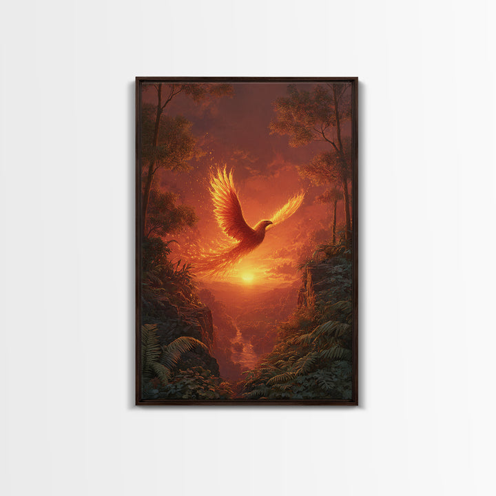 Fiery Phoenix Soaring Over Sunset Canyon Canvas Print, Fantasy Bird Wall Art, Dramatic Orange Home Decor, Mythical Artwork