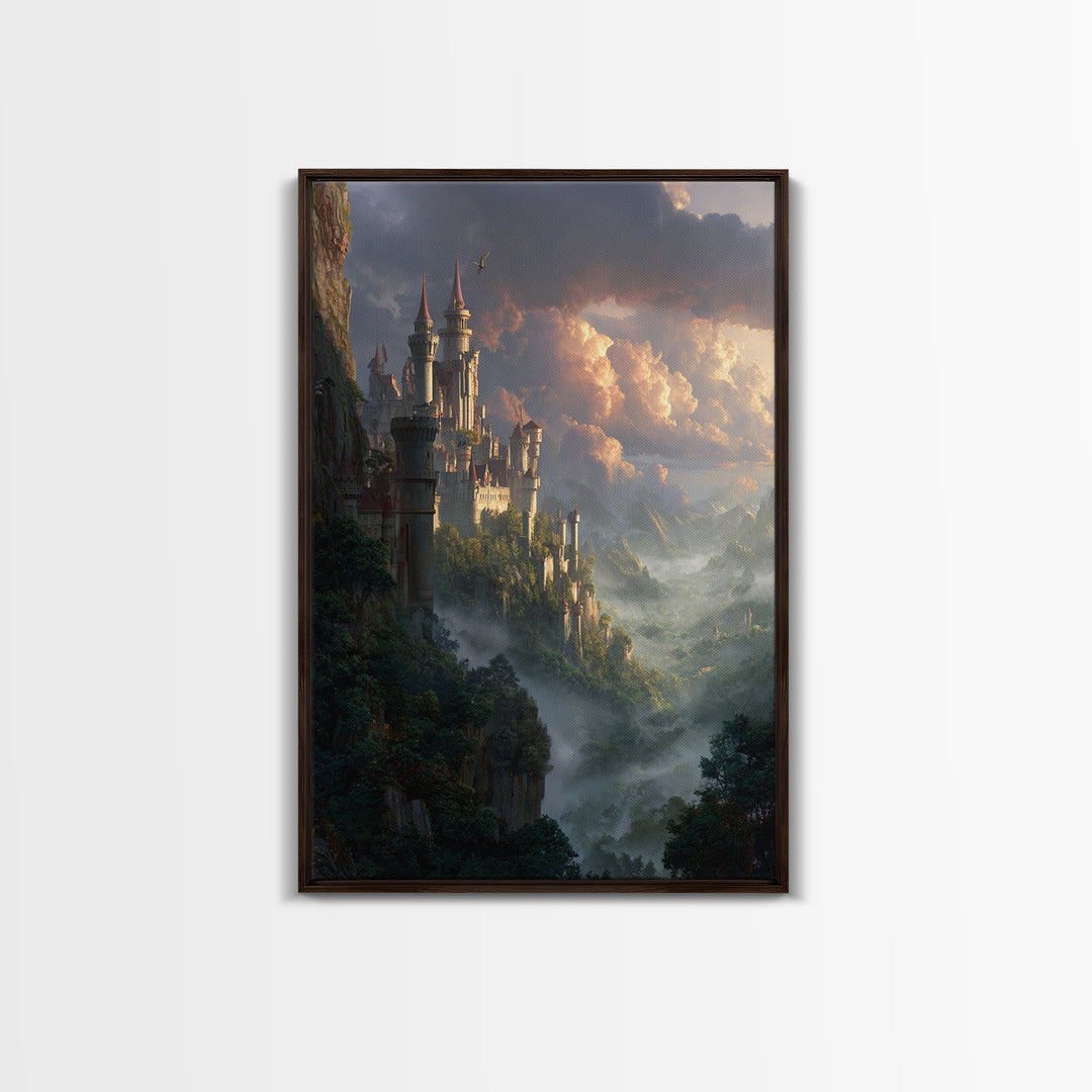 Misty Cliffside Castle Above Enchanted Valley Framed Canvas Print, Fantasy Wall Art, Medieval Landscape Home Decor, Dramatic Cloud Art