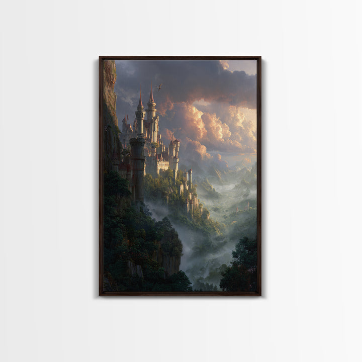 Misty Cliffside Castle Above Enchanted Valley Framed Canvas Print, Fantasy Wall Art, Medieval Landscape Home Decor, Dramatic Cloud Art
