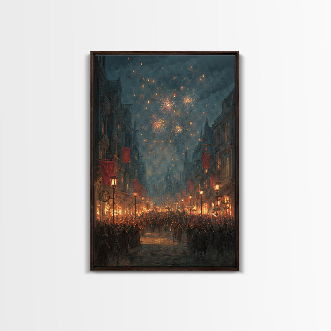 Medieval Festival Street With Fireworks Wall Art, Fantasy City Canvas, Dark Academia Decor, Gothic Town Celebration Print