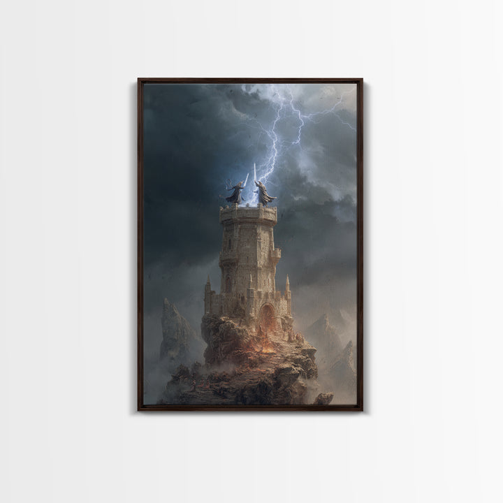 Lightning Strikes Wizard Tower On Stormy Peak Framed Canvas Print, Fantasy Wall Art, Dark Gothic Decor, Magical Castle Art