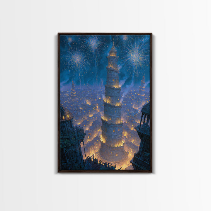 Blue Fireworks Over Magical City Tower Canvas Print, Fantasy Wall Art, Medieval Celebration Decor, Enchanted Skyline Art
