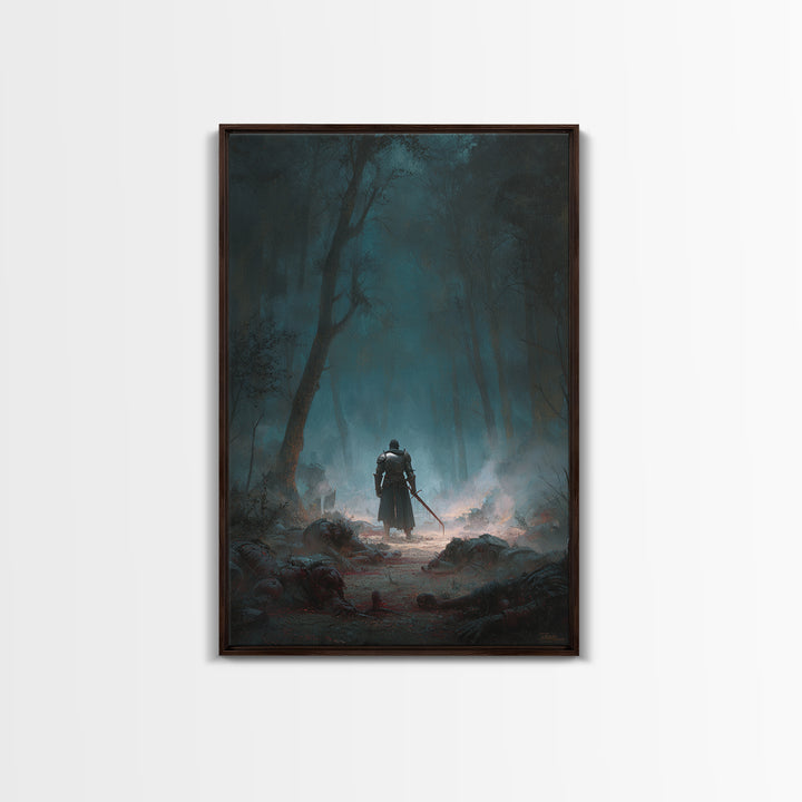 Lone Knight In Misty Haunted Forest Canvas Print, Dark Fantasy Wall Art, Gothic Woodland Decor, Warrior Landscape Artwork