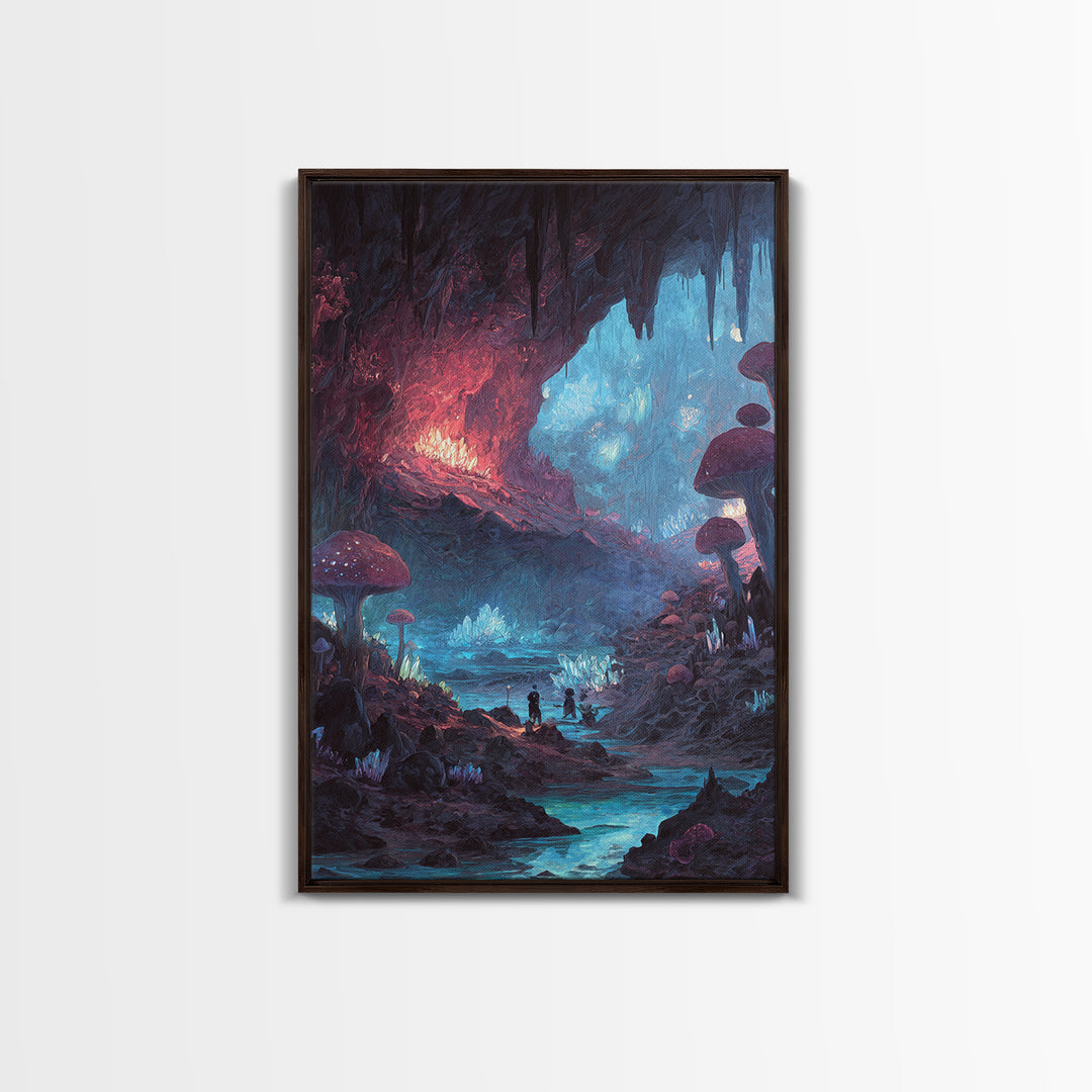 Glowing Mushroom Cave With Crystal River Wall Art, Fantasy Landscape Canvas, Whimsical Fairycore Decor, Magical Forest Print