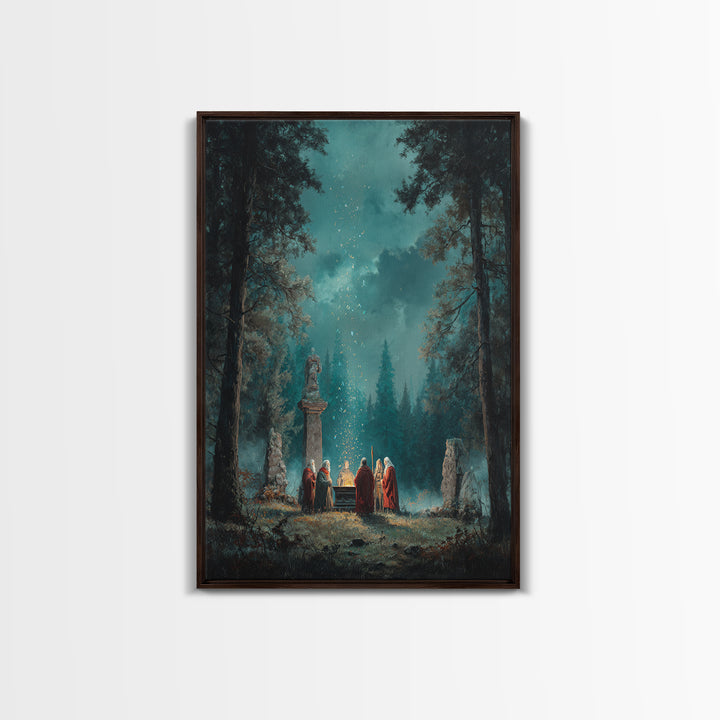 Mystic Forest Ritual Beneath Teal Night Sky Framed Canvas Print, Fantasy Wall Art, Spiritual Decor, Enchanted Woodland Art