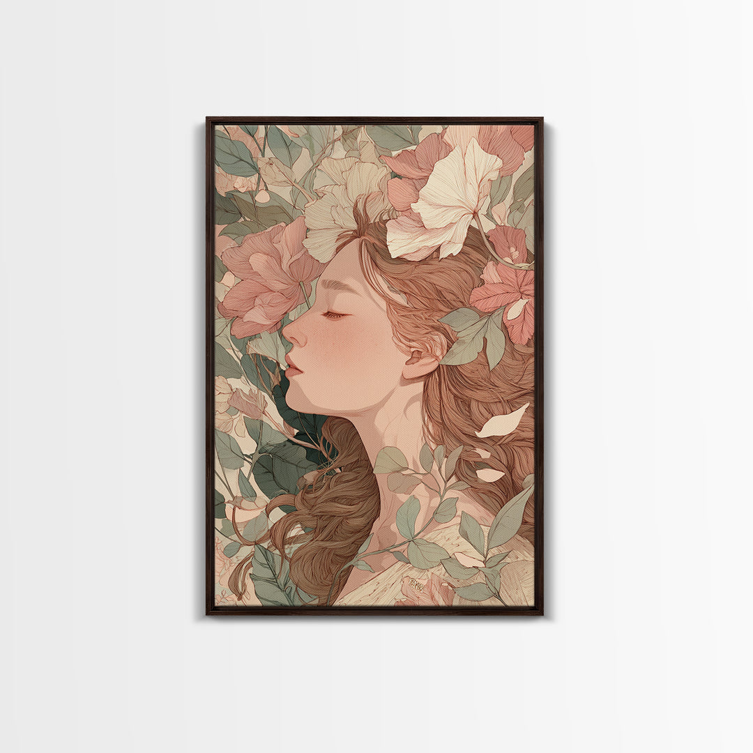 Sleeping Floral Woman Portrait Canvas Print, Art Nouveau Wall Art, Feminine Botanical Decor, Romantic Bedroom Art, Gift For Her