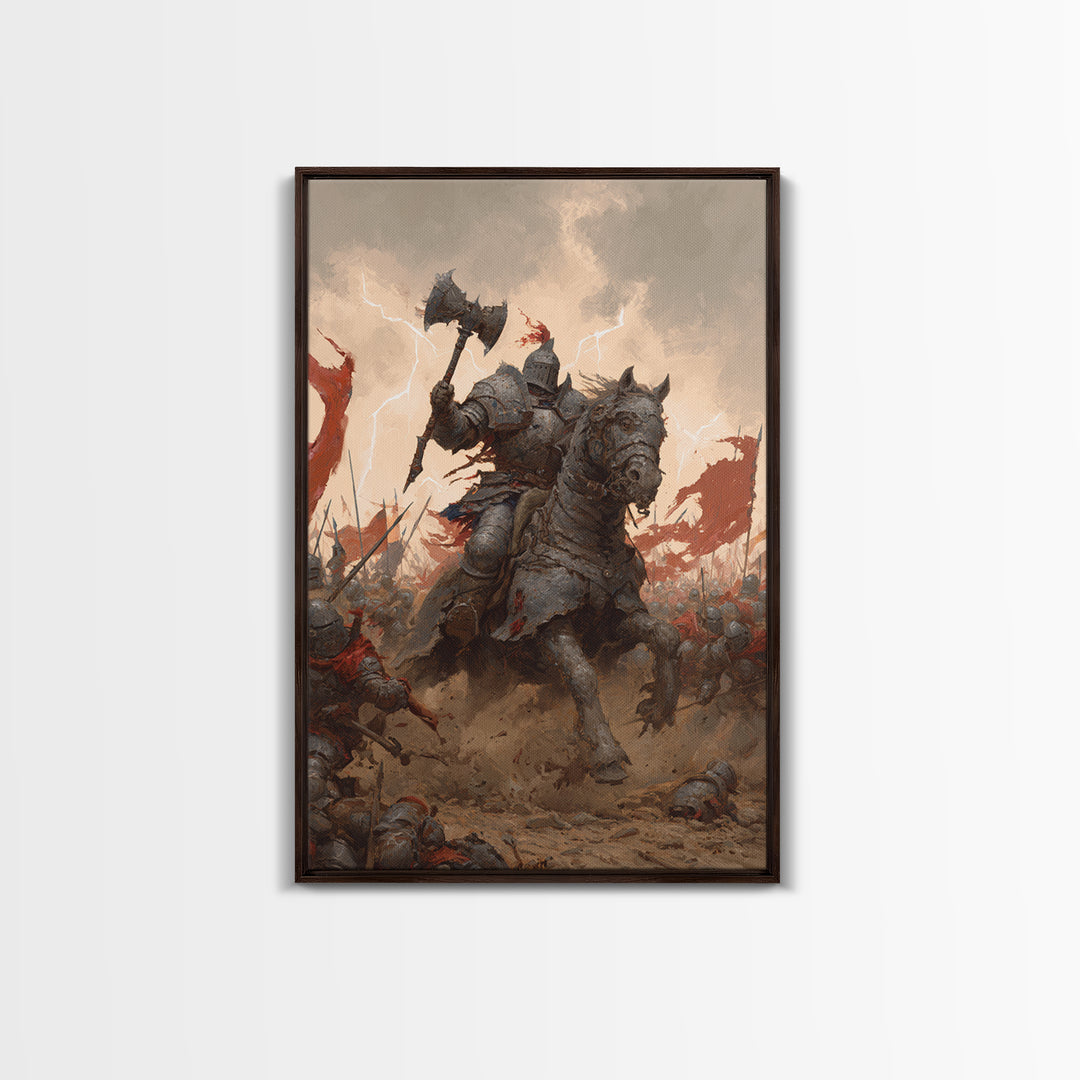 Armored Knight On War Horse With Battle Axe Wall Art, Dark Fantasy Canvas Print, Medieval Warrior Living Room Decor Gift