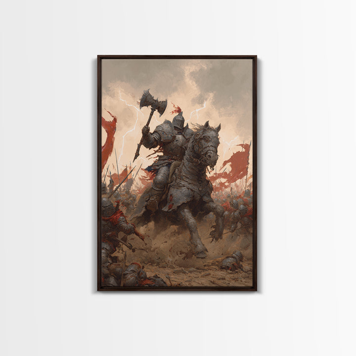 Armored Knight On War Horse With Battle Axe Wall Art, Dark Fantasy Canvas Print, Medieval Warrior Living Room Decor Gift
