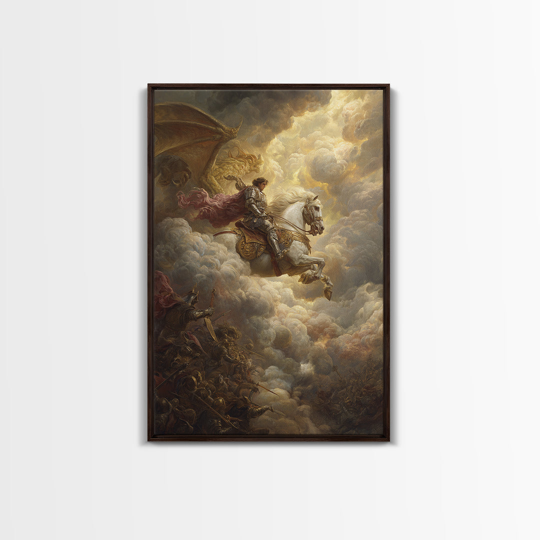 White Horse Knight Battles Golden Dragon In Clouds Framed Canvas Print, Epic Fantasy Wall Art, Medieval Home Decor Gift Idea