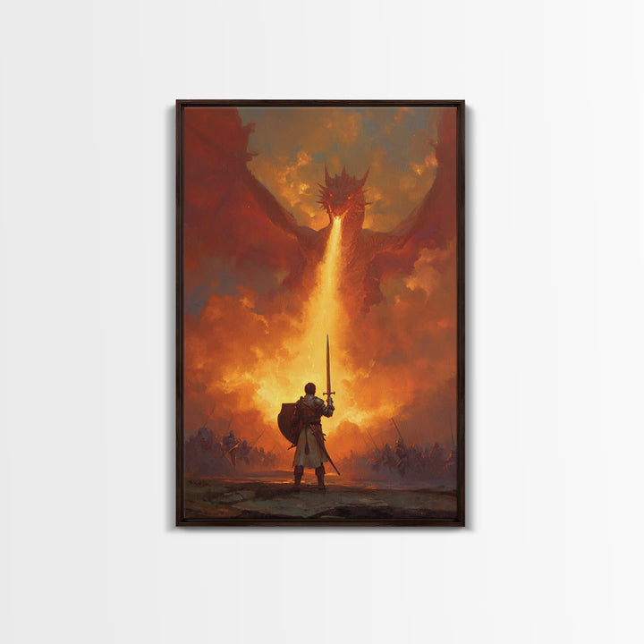 Lone Swordsman Facing Fire Breathing Red Dragon Wall Art, Epic Fantasy Canvas Print, Medieval Battle Living Room Decor Gift