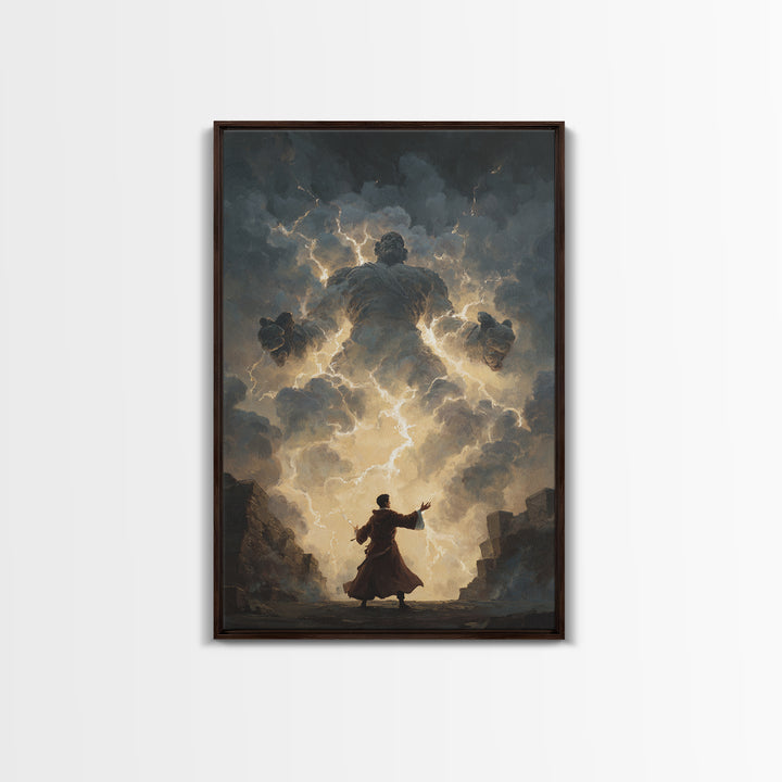 Storm Wizard Summoning Lightning Cloud Giant Wall Art, Dark Fantasy Canvas Print, Mythological Magic Office Decor Gift For Him
