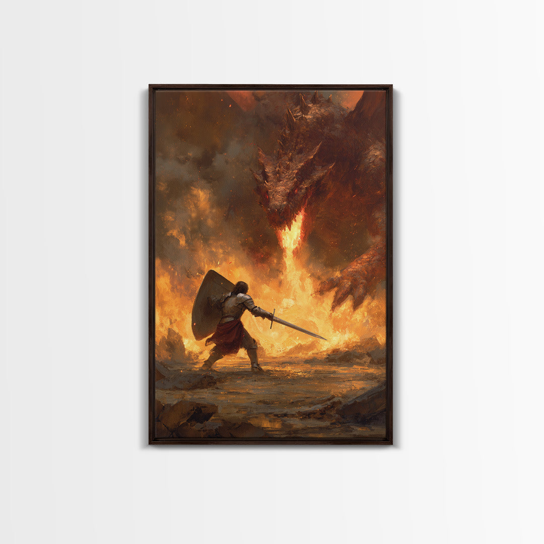 Shield Warrior Defies Fire Breathing Dragon Canvas Print, Epic Fantasy Wall Art, Medieval Sword Battle Home Decor Gift For Him