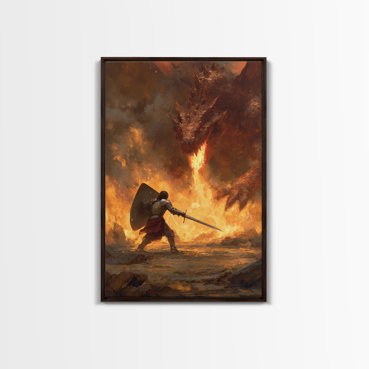 Shield Warrior Defies Fire Breathing Dragon Canvas Print, Epic Fantasy Wall Art, Medieval Sword Battle Home Decor Gift For Him