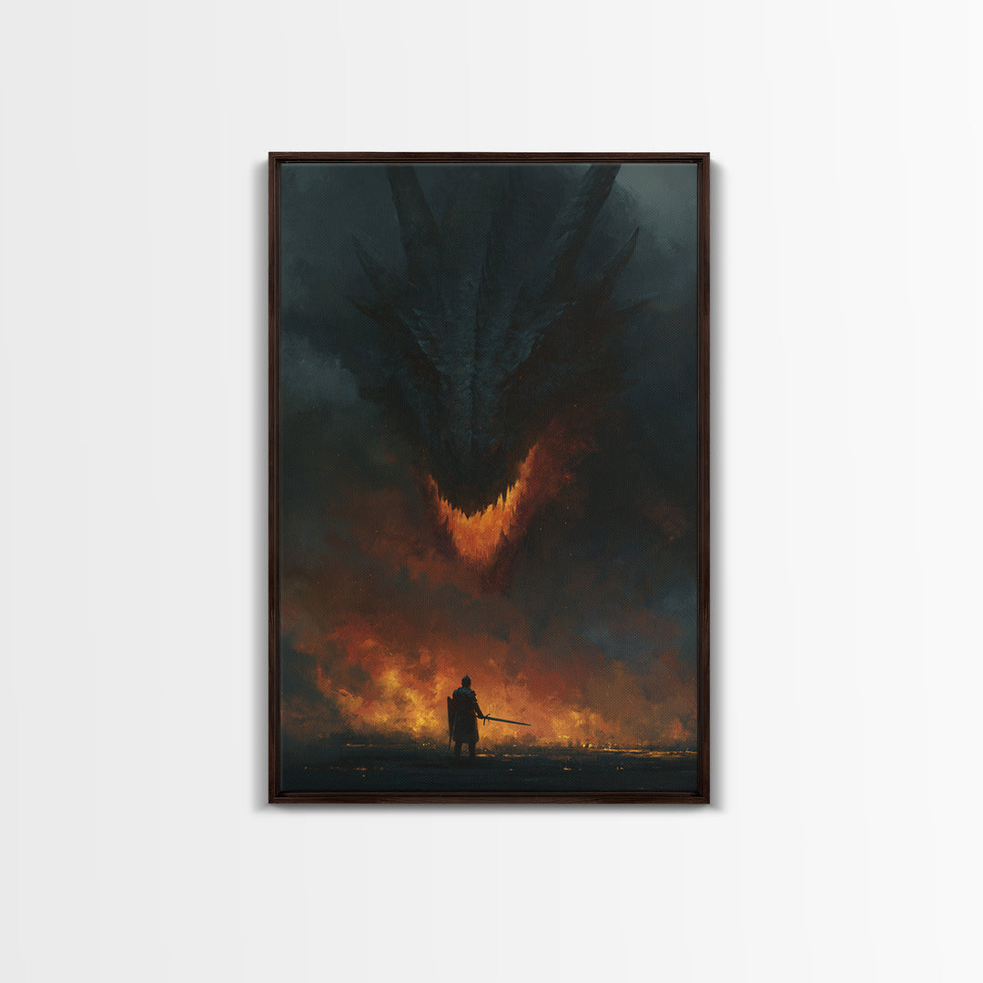 Dark Dragon Looming Over Lone Knight Wall Art, Gothic Fantasy Canvas Print, Apocalyptic Fire Medieval Office Decor Gift For Him
