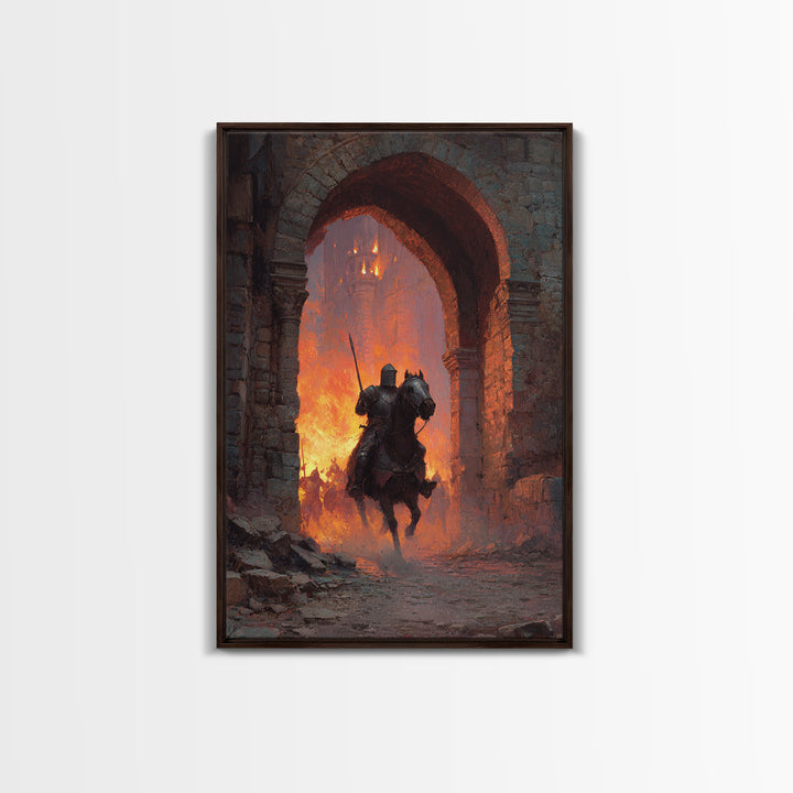 Mounted Knight Riding Through Burning Stone Arch Wall Art, Dark Fantasy Framed Canvas Print, Medieval Castle Home Decor Gift