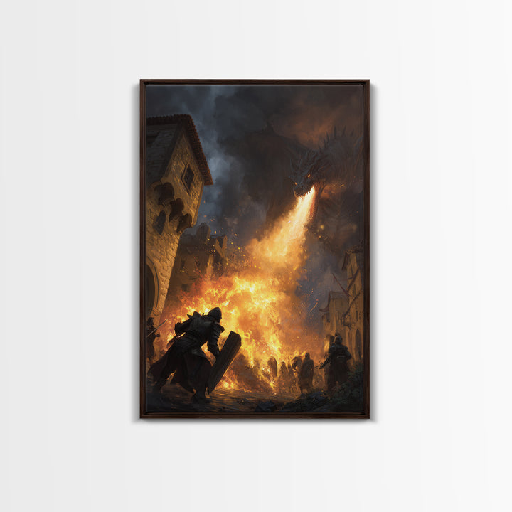 Armored Knight Before Dragon Fire In Medieval Street Wall Art, Dark Fantasy Framed Canvas Print, Castle Battle Living Room Decor