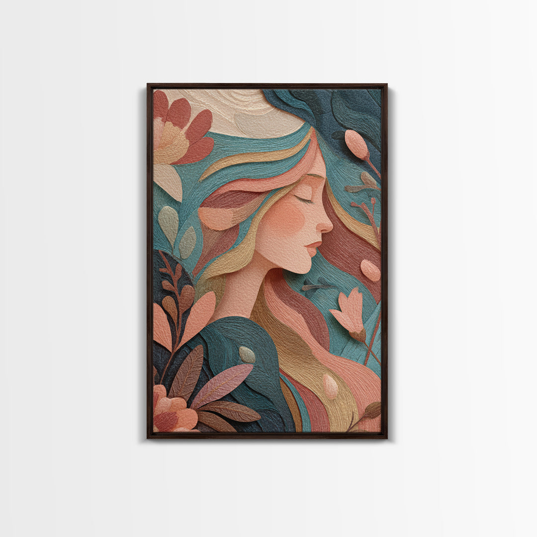 Art Nouveau Floral Woman Portrait Wall Art, Feminine Boho Canvas, Teal Peach Bedroom Decor, Elegant Gift For Her, Modern Home Decor