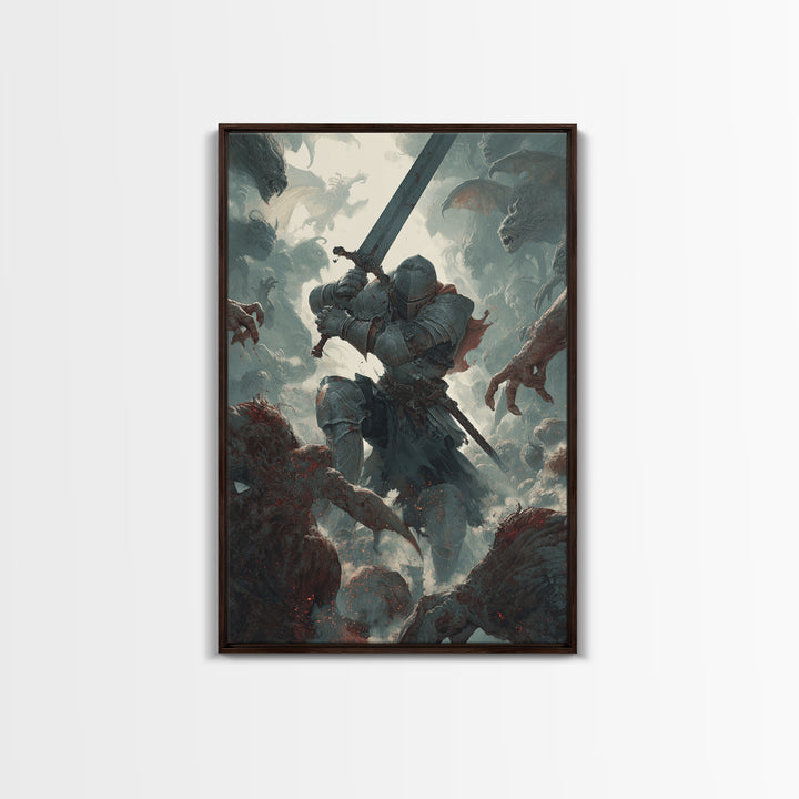 Armored Knight Battling Monsters Wall Art, Dark Fantasy Canvas Wall Decor, Gothic Warrior Artwork, Medieval Game Room Decor