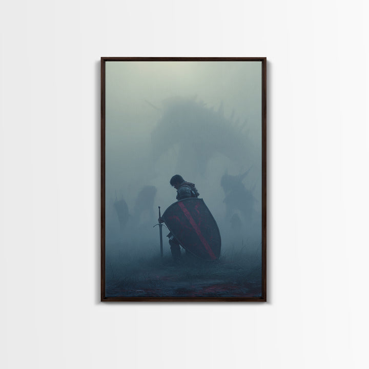Kneeling Knight In Mist Wall Art, Dark Fantasy Dragon Print, Medieval Warrior Decor, Moody Gothic Living Room Artwork Gift