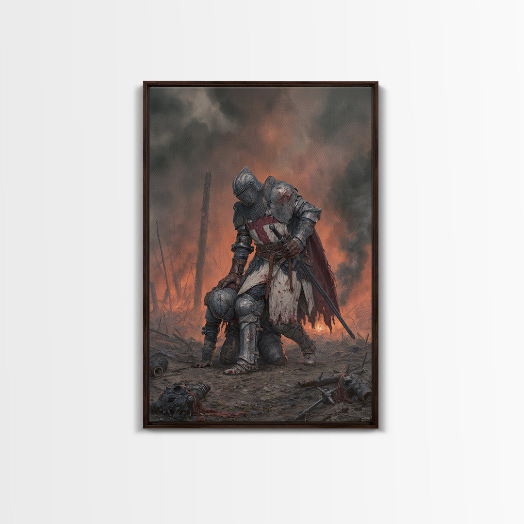 Wounded Knight In Burning Battlefield Wall Art, Dark Fantasy Medieval Canvas Decor, Gothic Warrior Print, Moody Office Artwork