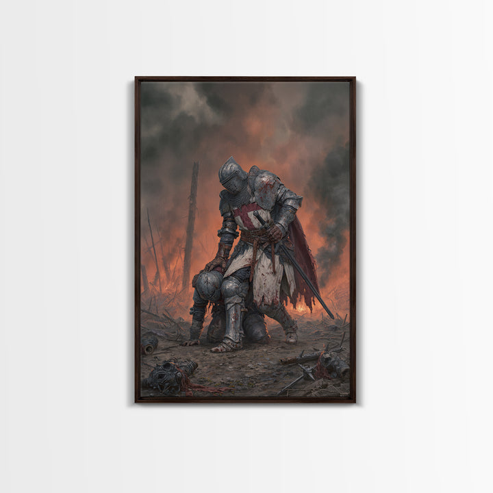 Wounded Knight In Burning Battlefield Wall Art, Dark Fantasy Medieval Canvas Decor, Gothic Warrior Print, Moody Office Artwork