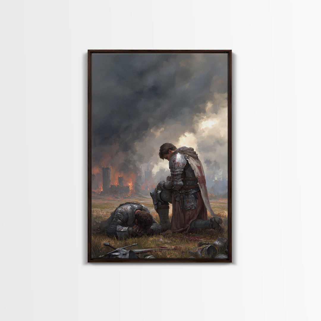 Grieving Knight Beside Fallen Soldier Wall Art, Dark Fantasy Medieval Print, Gothic Battle Decor, Moody Living Room Artwork