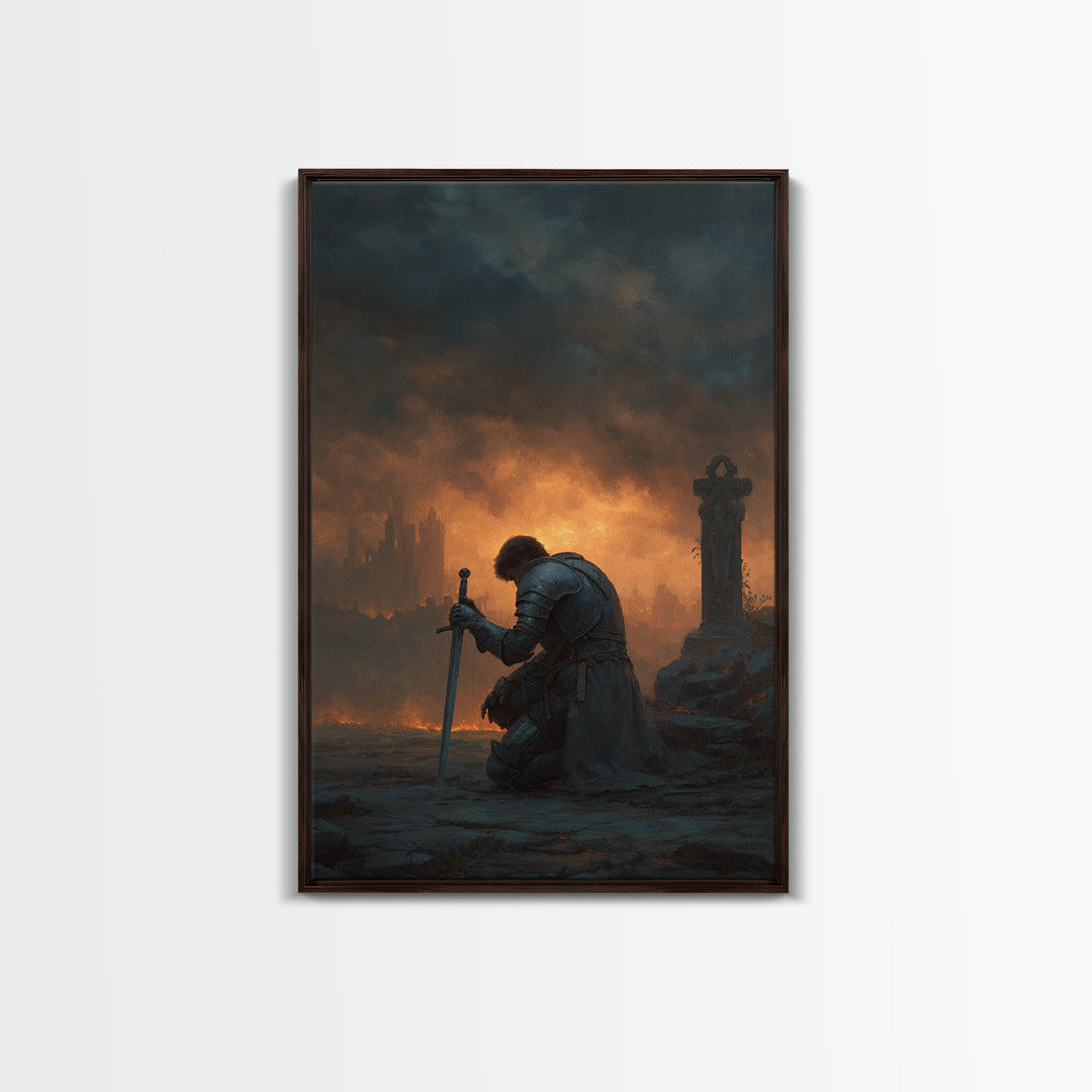Lone Knight Kneeling At Sword Canvas Print, Dark Fantasy Medieval Wall Decor, Gothic Castle Ruins, Moody Office Art, Statement Artwork