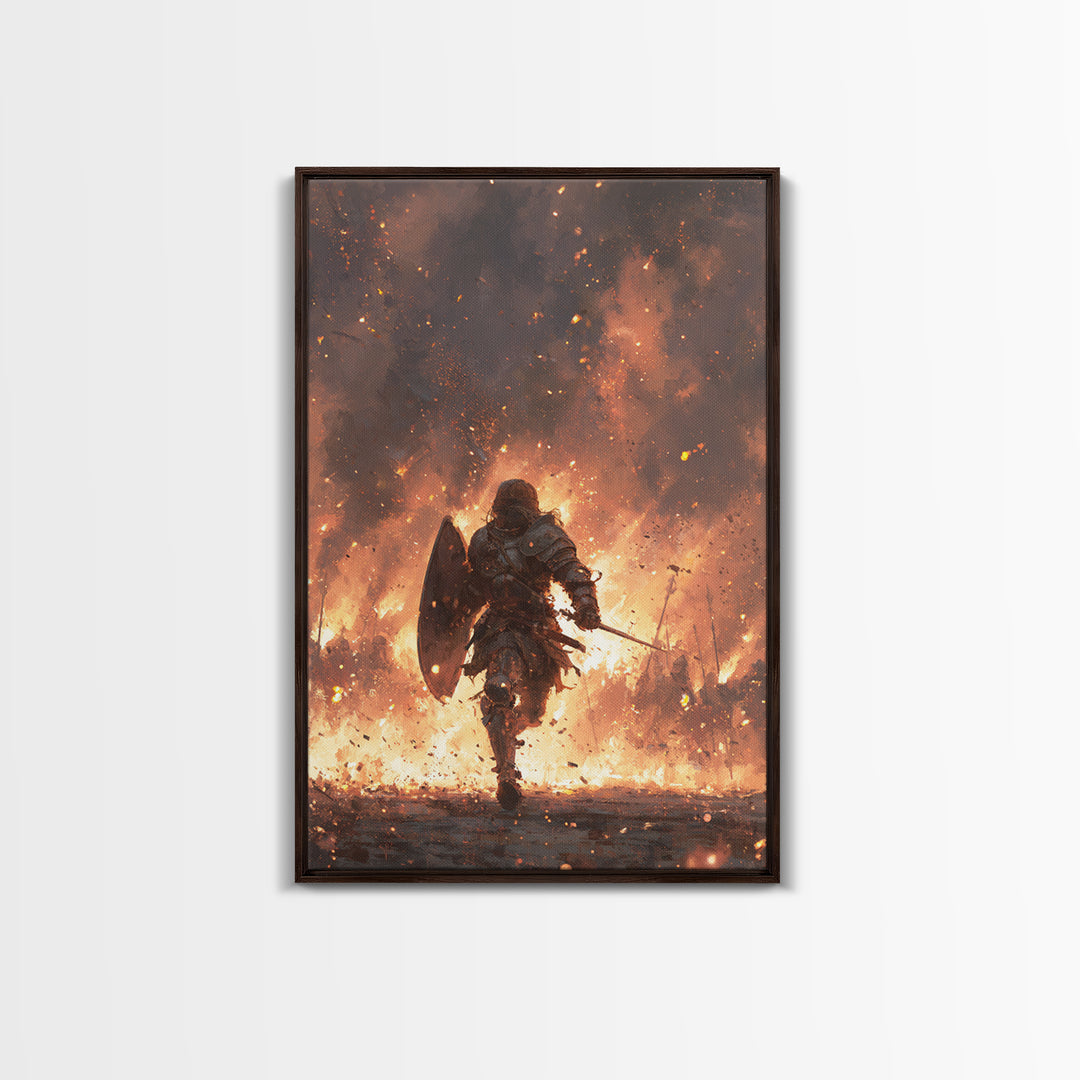 Knight Running Through Fire Wall Art, Dark Fantasy Medieval Battle Print, Gothic Warrior Canvas Decor, Dramatic Game Room Art