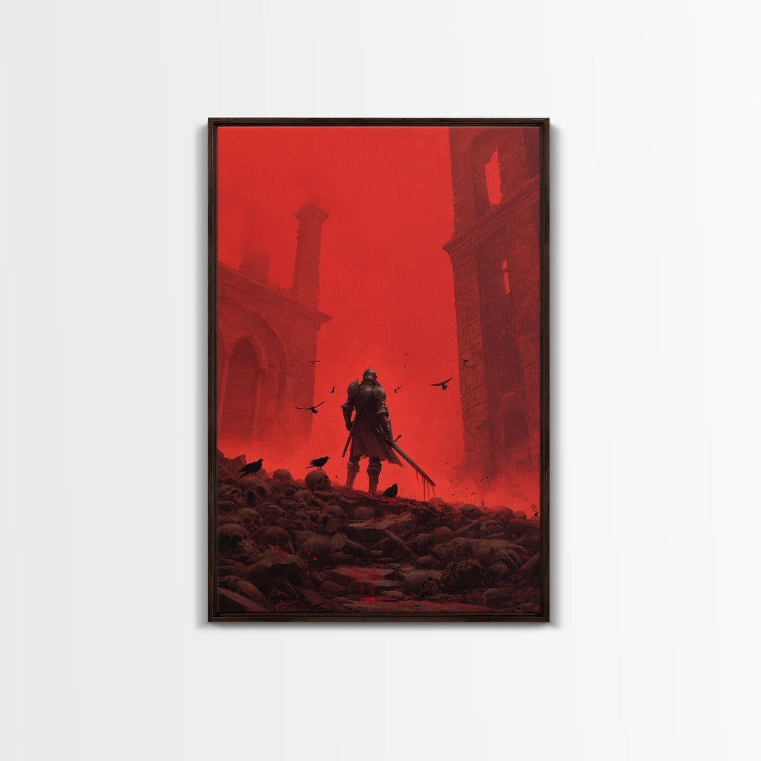 Knight In Crimson Ruins Wall Art, Dark Fantasy Red Gothic Print, Medieval Warrior Decor, Crows And Skulls, Bold Wall Decor