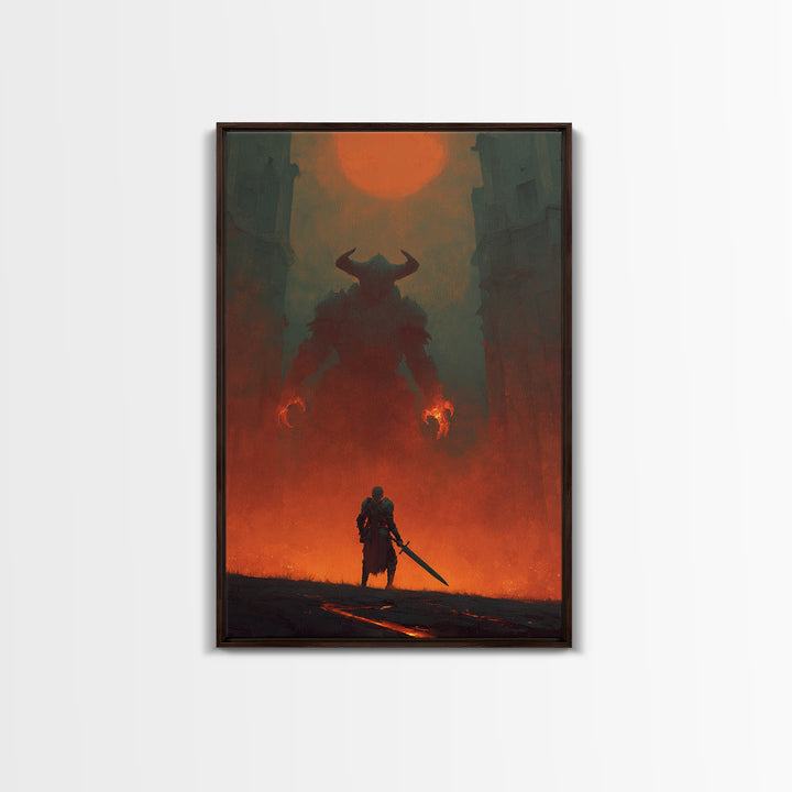 Knight Facing Horned Demon Canvas Print, Dark Fantasy Red Moon Wall Decor, Gothic Monster Art, Epic Game Room Artwork Gift