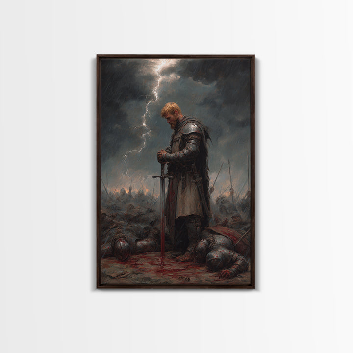 Blond Knight Praying In Storm Wall Art, Dark Fantasy Medieval Battle Print, Gothic Warrior Decor, Moody Masculine Office Art