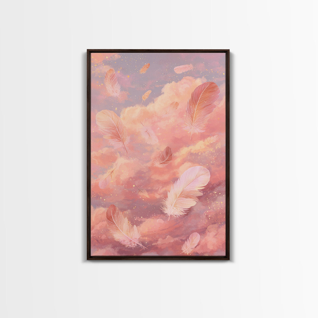 Pink Feather Cloud Canvas Print, Dreamy Celestial Sky Art, Pastel Nursery Decor, Whimsical Bedroom Wall Decor Gift For Her