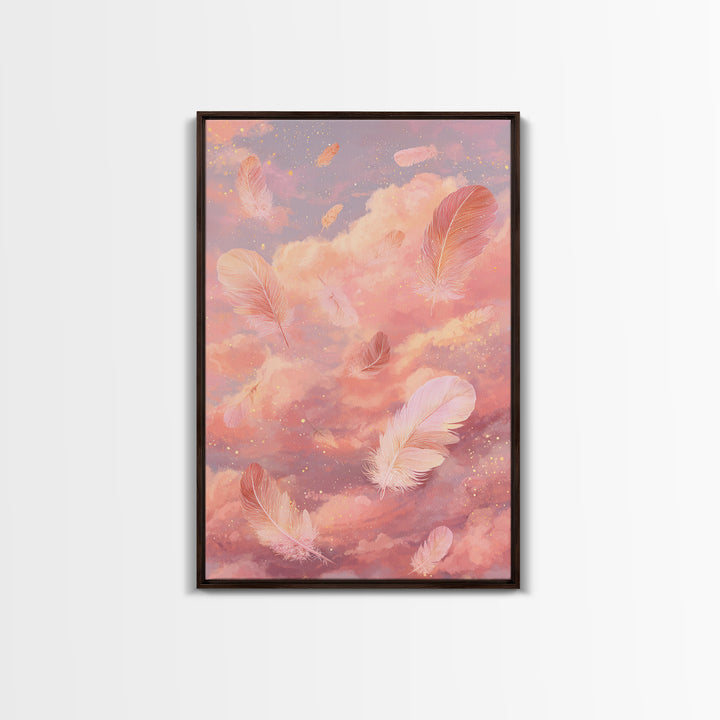 Pink Feather Cloud Canvas Print, Dreamy Celestial Sky Art, Pastel Nursery Decor, Whimsical Bedroom Wall Decor Gift For Her