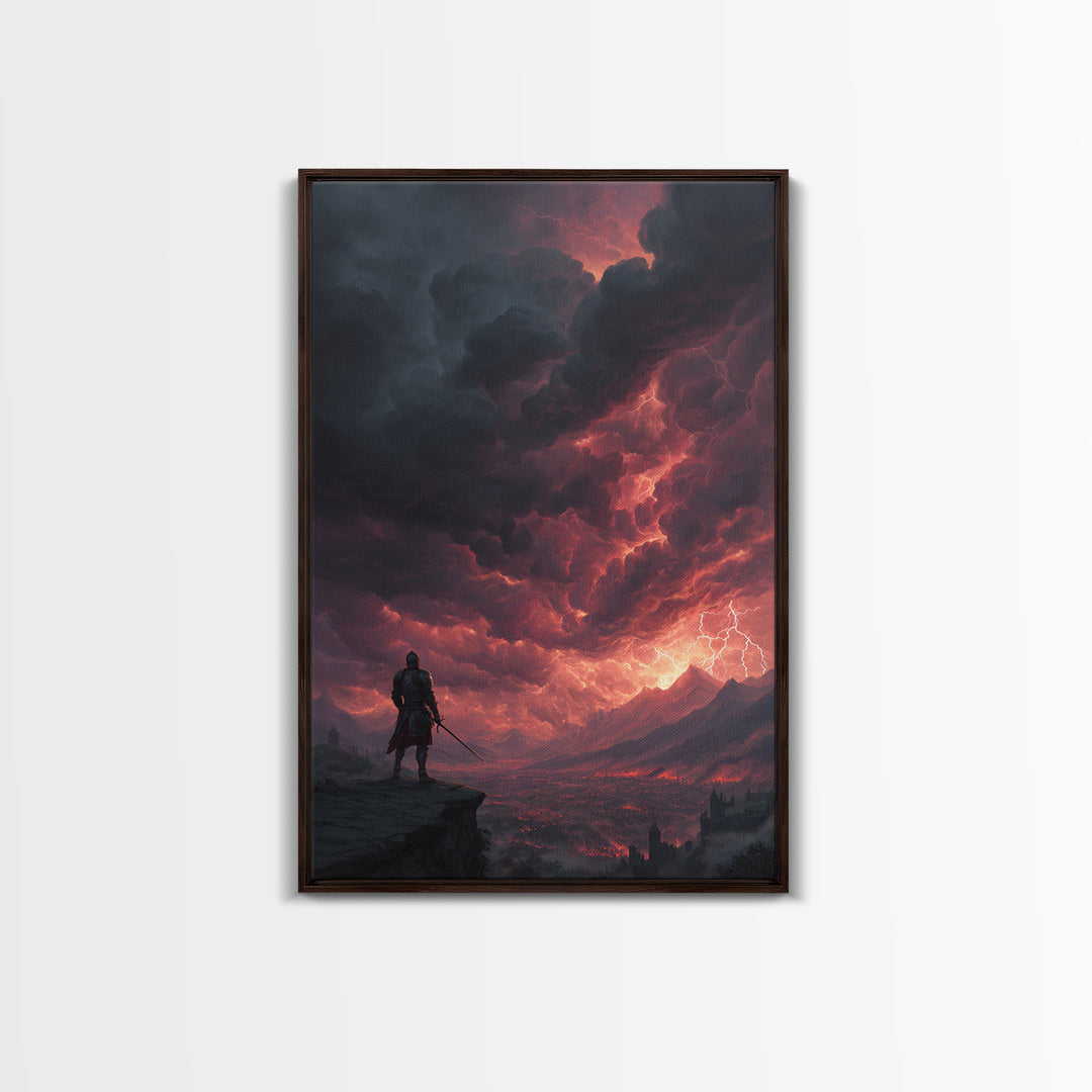 Lone Warrior Under Crimson Lightning Storm Wall Art, Dark Fantasy Landscape, Medieval Castle Decor, Dramatic Gothic Poster
