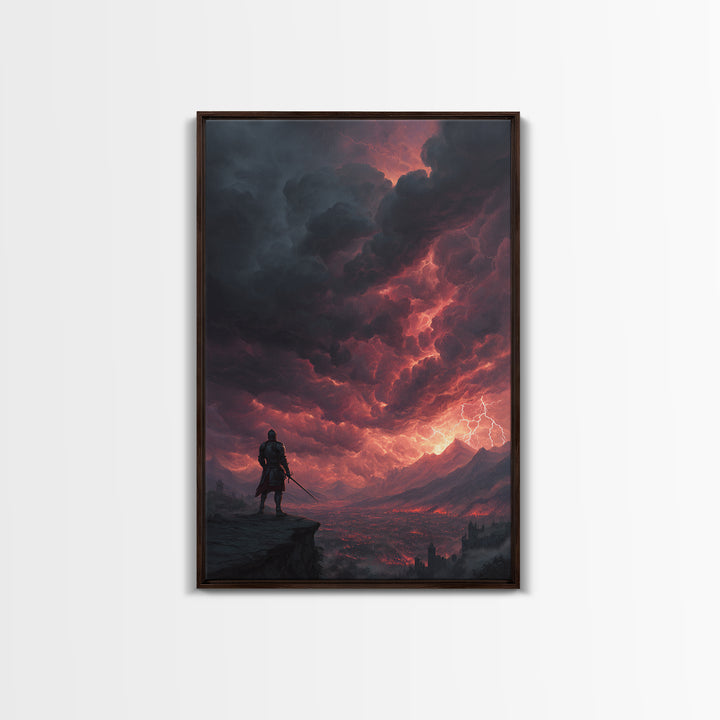 Lone Warrior Under Crimson Lightning Storm Wall Art, Dark Fantasy Landscape, Medieval Castle Decor, Dramatic Gothic Poster