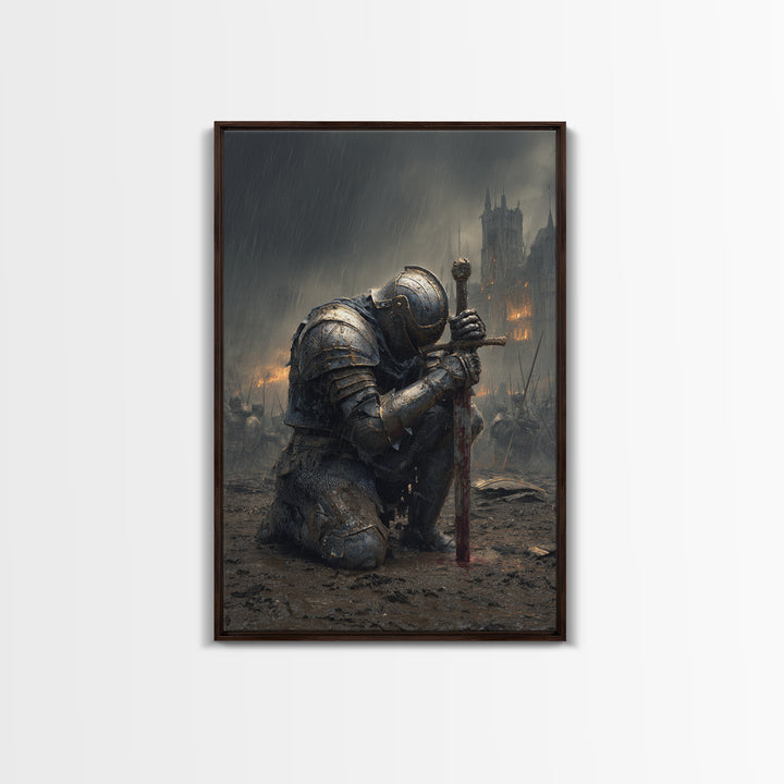 Kneeling Knight In Rainy Battlefield Framed Canvas Print, Dark Medieval Wall Decor, Gothic Castle Art, Gift For Him, Office Decor