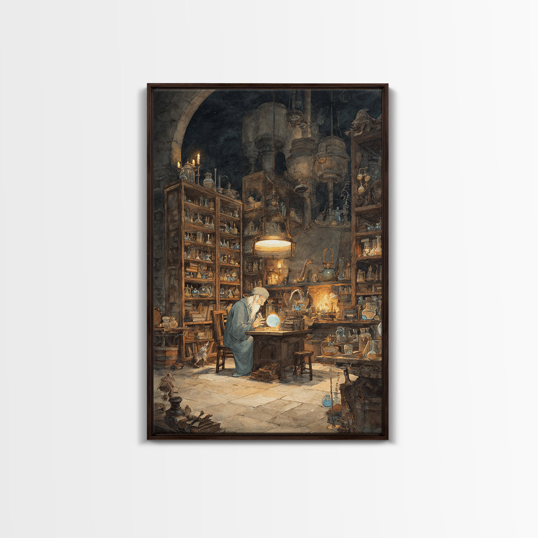 Moonlit Alchemist Workshop With Glowing Orb Wall Art, Dark Academia Decor, Fantasy Library Print, Whimsical Office Poster