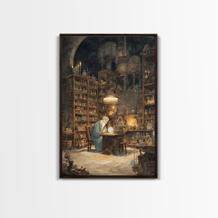 Moonlit Alchemist Workshop With Glowing Orb Wall Art, Dark Academia Decor, Fantasy Library Print, Whimsical Office Poster