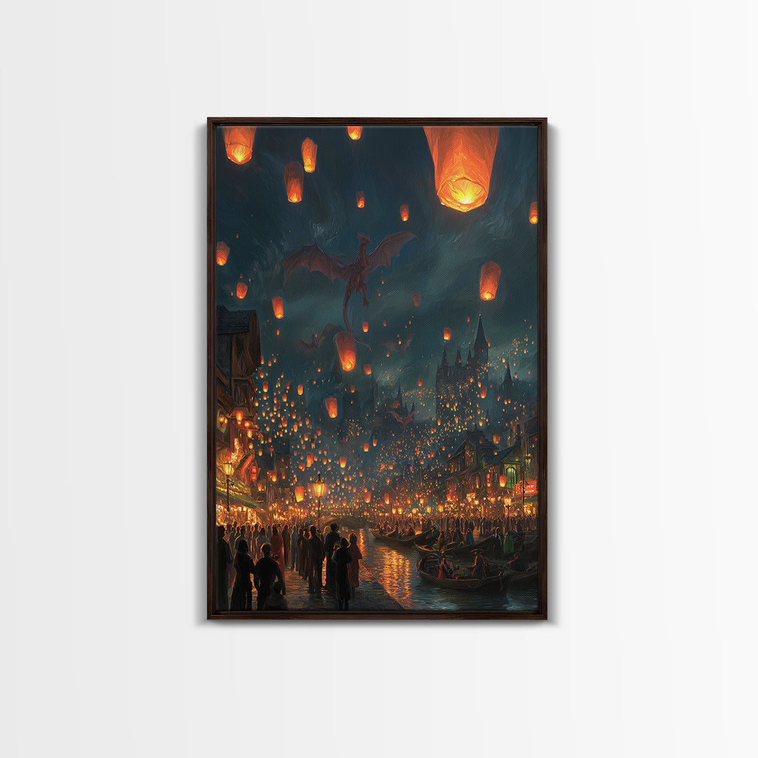 Dragon Lantern Festival Over Medieval Harbor Framed Canvas Print, Fantasy Wall Art, Magical City Decor, Whimsical Poster