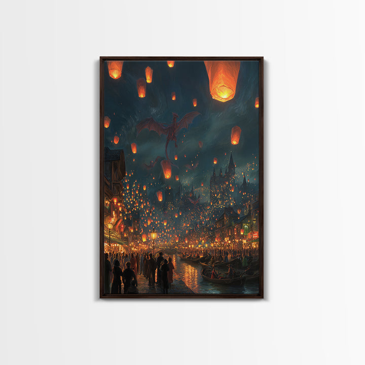 Dragon Lantern Festival Over Medieval Harbor Framed Canvas Print, Fantasy Wall Art, Magical City Decor, Whimsical Poster