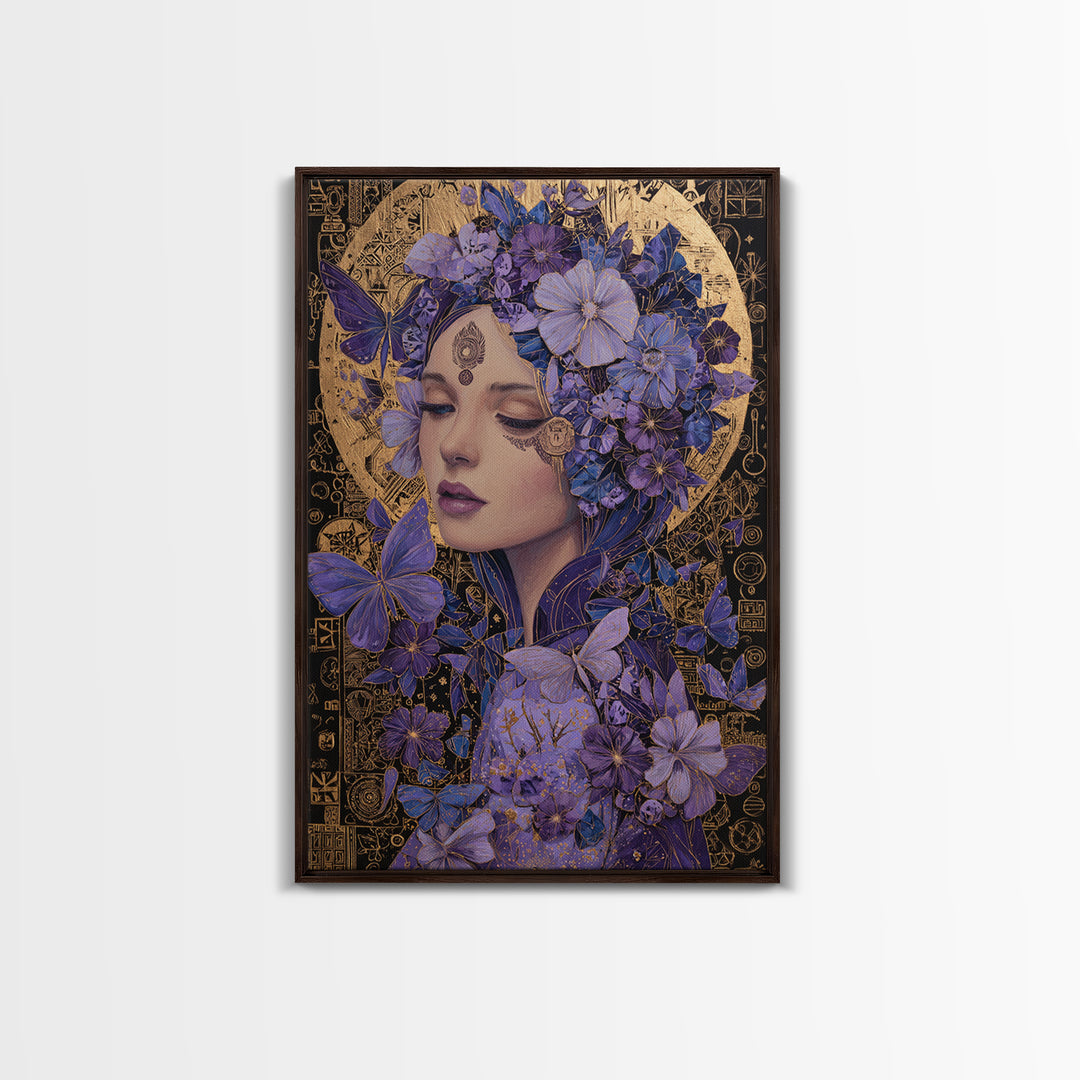 Purple Floral Goddess Portrait Wall Art, Art Nouveau Butterfly Decor, Feminine Celestial Canvas Print, Gift For Her, Boho Wall Decor