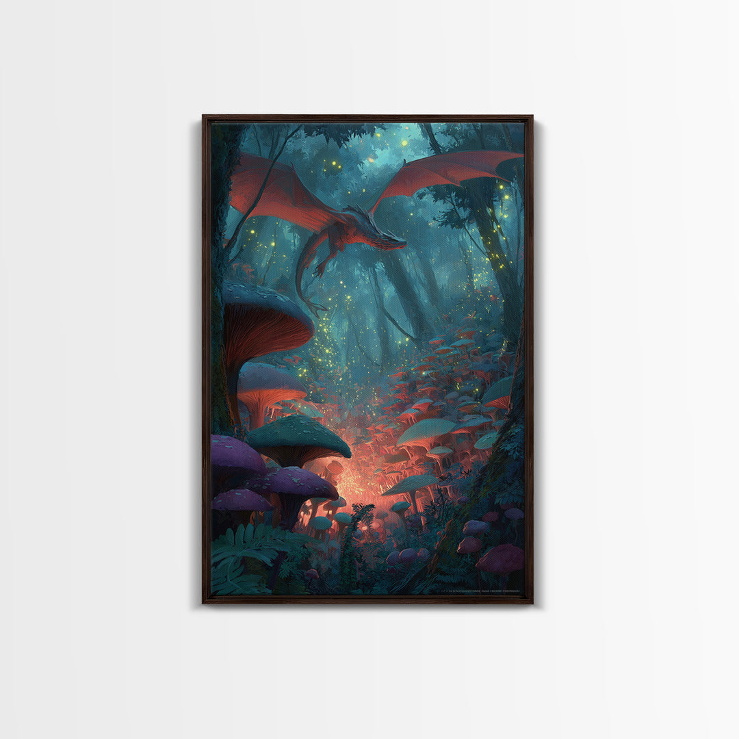 Red Dragon In Glowing Mushroom Forest Canvas Print, Enchanted Fantasy Wall Art, Woodland Nursery Decor, Magical Poster, Kids Room Art