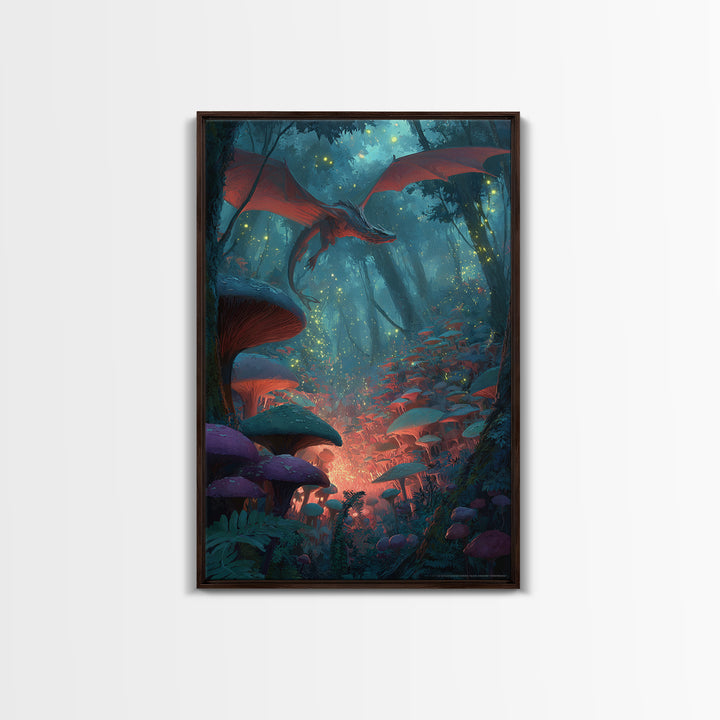 Red Dragon In Glowing Mushroom Forest Canvas Print, Enchanted Fantasy Wall Art, Woodland Nursery Decor, Magical Poster, Kids Room Art