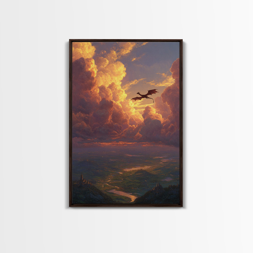 Dragon Flying Through Golden Sunset Clouds Wall Art, Epic Fantasy Landscape, Castle Valley Decor, Large Canvas Print, Gift For Him
