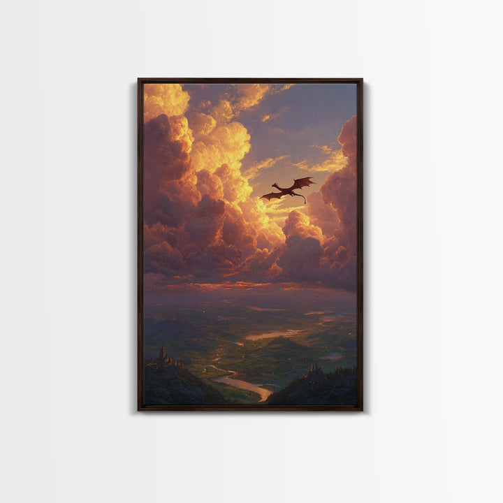 Dragon Flying Through Golden Sunset Clouds Wall Art, Epic Fantasy Landscape, Castle Valley Decor, Large Canvas Print, Gift For Him