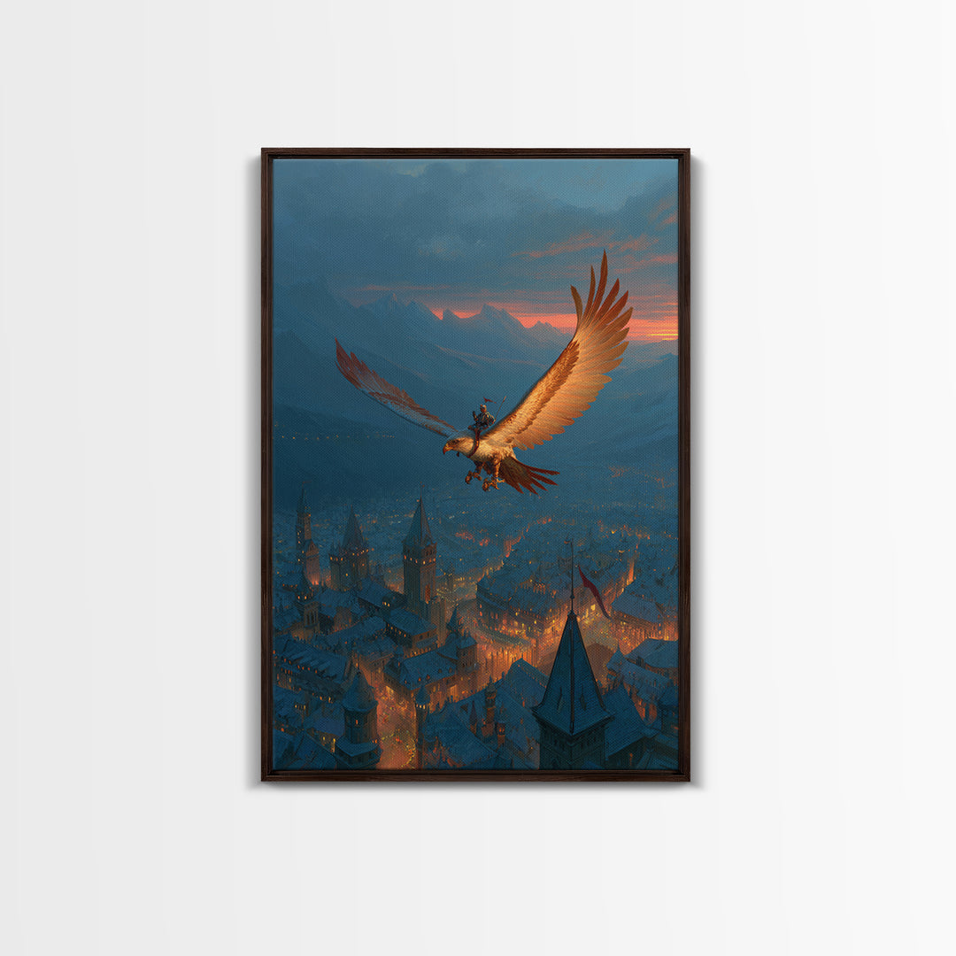 Giant Eagle Rider Over Snowy Fantasy City Framed Canvas Print, Magical Wall Art, Winter Castle Decor, Adventure Poster, Kids Room Art