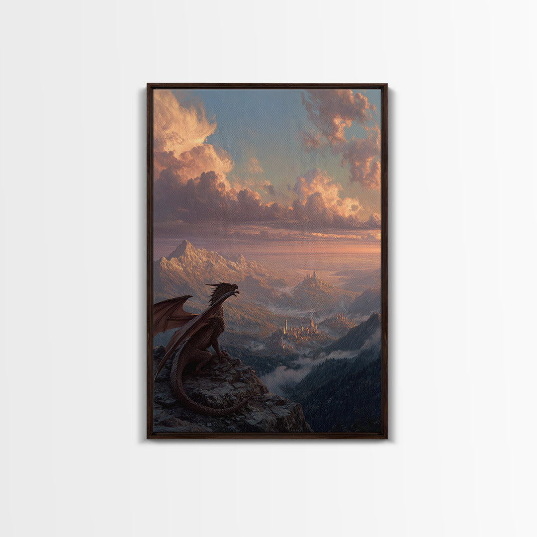 Dragon On Mountain Overlooking Kingdom At Sunset Canvas Print, Fantasy Landscape Wall Art, Castle Decor, Gift For Him, Adventure Poster