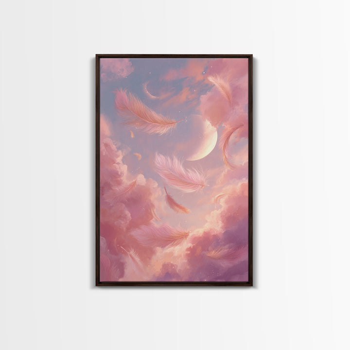 Crescent Moon Feather Wall Art, Pink Cloud Celestial Canvas, Dreamy Nursery Decor, Whimsical Bedroom Print Gift For Her, Pastel Decor