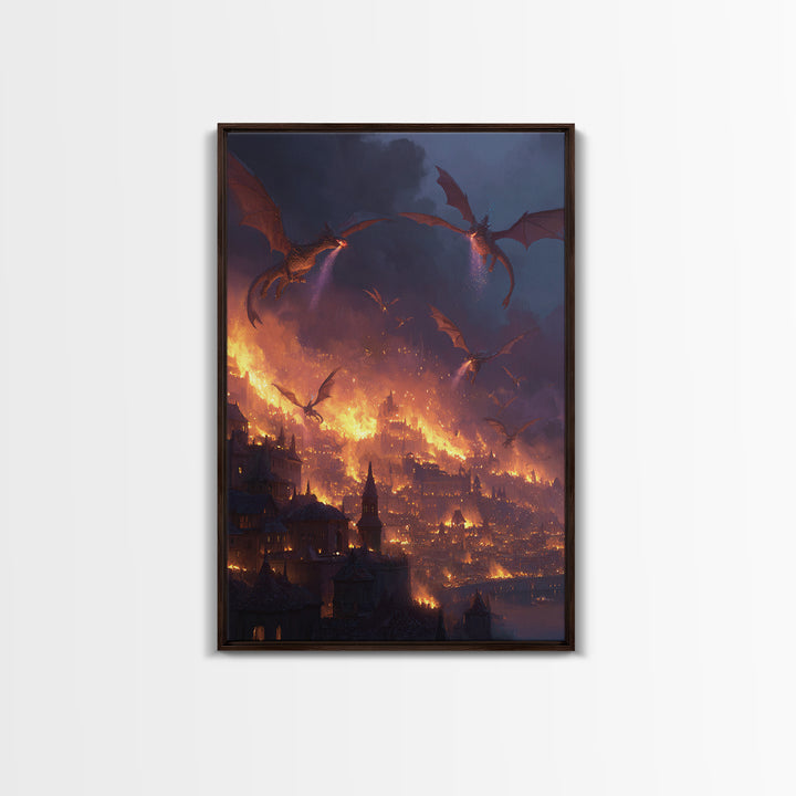 Burning Dragon Siege Over Medieval City Wall Art, Dark Fantasy Canvas Print, Gothic Castle Decor, Epic Fire Dragon Artwork