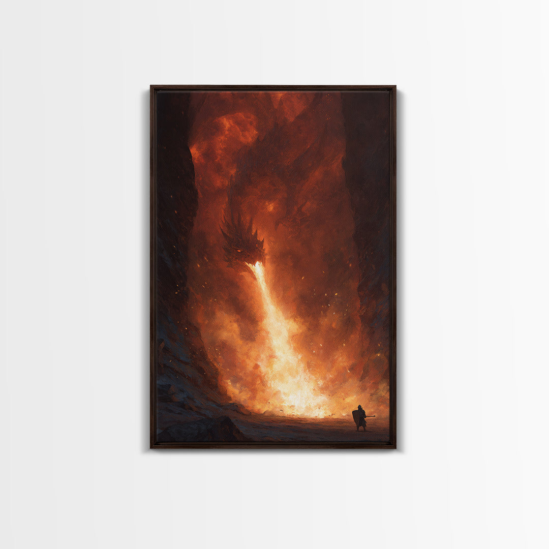 Lone Warrior Facing Fire Breathing Dragon Canvas Print, Dark Fantasy Wall Art, Epic Cave Battle Decor, Dramatic Monster Art